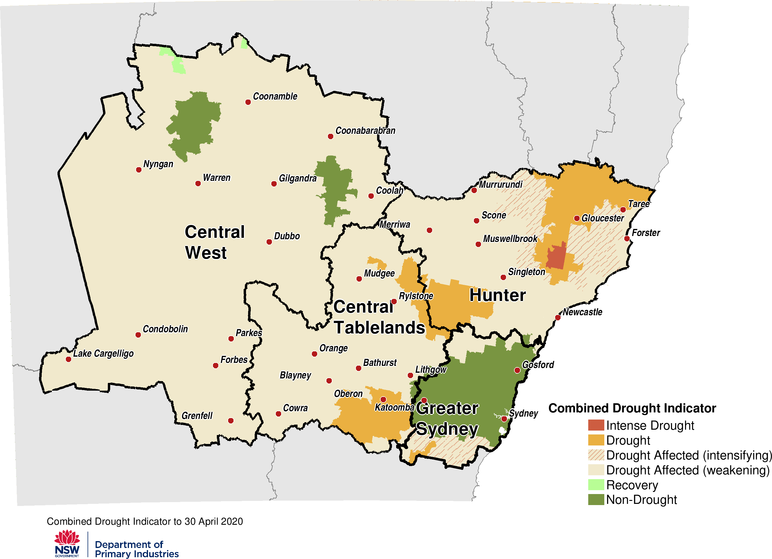Figure 23. Combined Drought Indicator for the Central Tablelands, Central West, Hunter and Greater Sydney regions For an accessible explanation of this image contact the author seasonal.conditions@dpi.nsw.gov.au