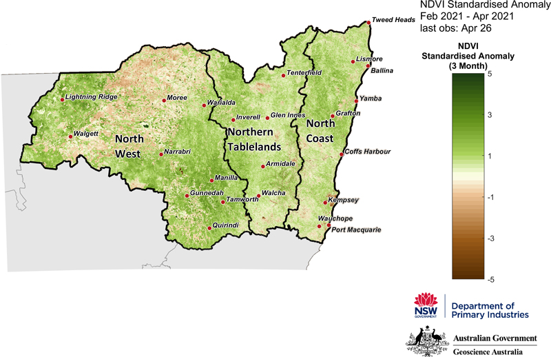 Figure 18. 3-month NDVI anomaly map for the North West, Northern Tableland and North Coast regions