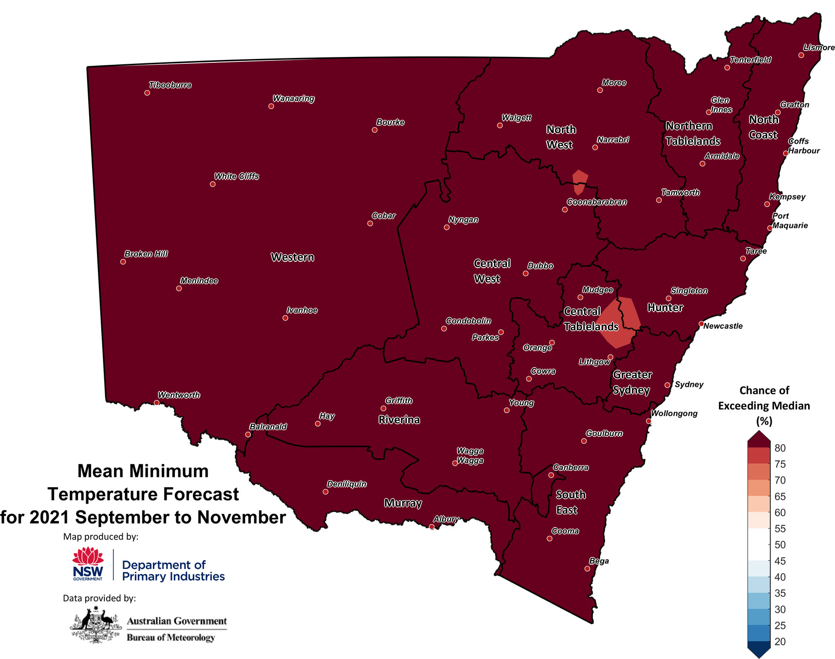 Figure 28. Seasonal minimum temperature outlook for NSW issued on 2 September 2021 Seasonal minimum temperature outlook for NSW issued on 2 September 2021