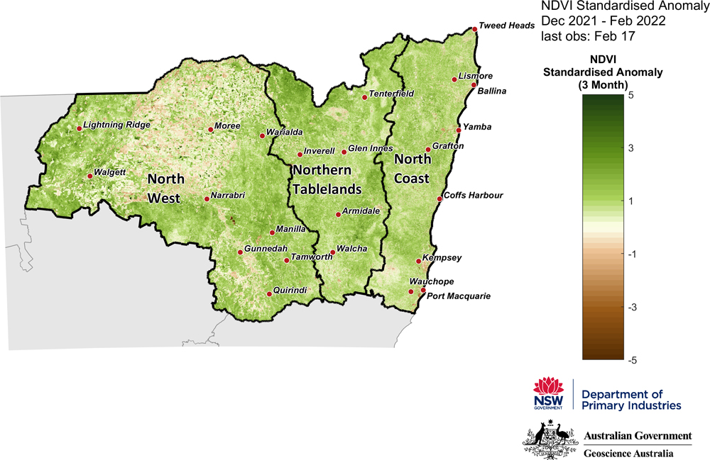 3-month NDVI anomaly map for the North West, Northern Tableland and North Coast regions