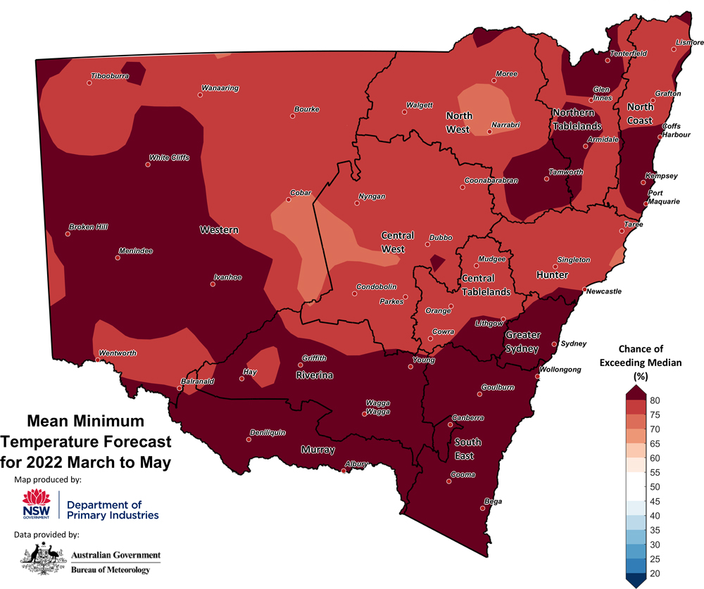 Seasonal average minimum temperature outlook for NSW for March to May 2022