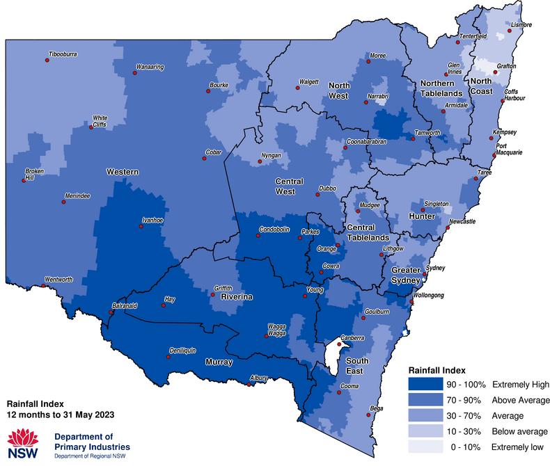 Figure 8. Rainfall Index (RI) to 31 May 2023