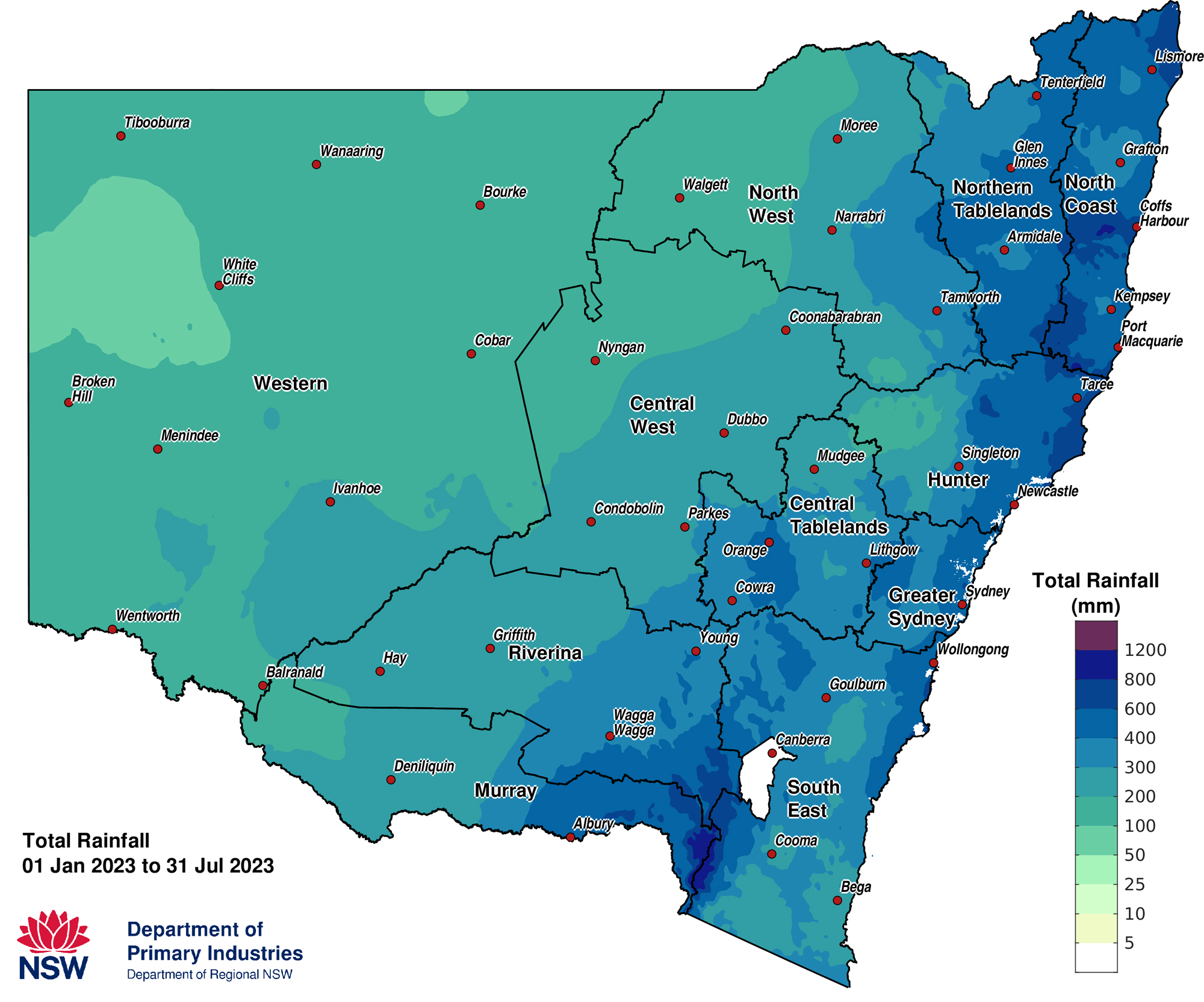 Figure 2c. Calendar year rainfall accumulation to 31 July 2023