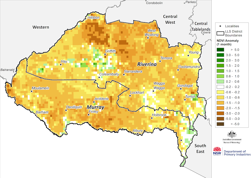 Figure 12. Monthly NDVI anomaly map for the Murray and Riverina regions For an accessible explanation of this map contact the author kim.broadfoot@dpi.nsw.gov.au