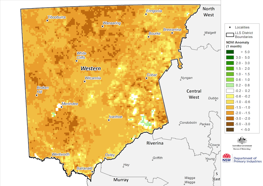 Figure 14. Monthly NDVI anomaly map for the Western Region For an accessible explanation of this map contact the author kim.broadfoot@dpi.nsw.gov.au
