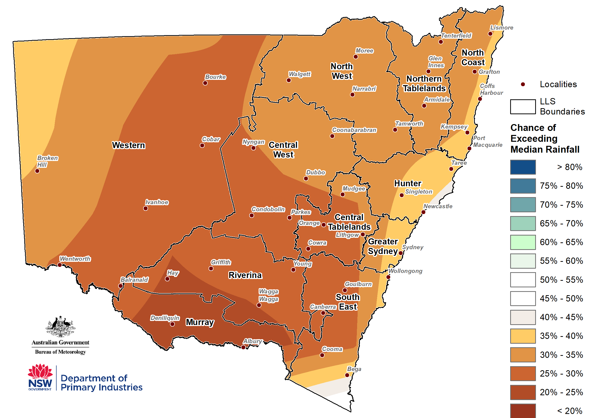 Figure 21. Seasonal rainfall outlook for NSW issued on the 28 June 2018 For an accessible explanation of this map contact the author kim.broadfoot@dpi.nsw.gov.au