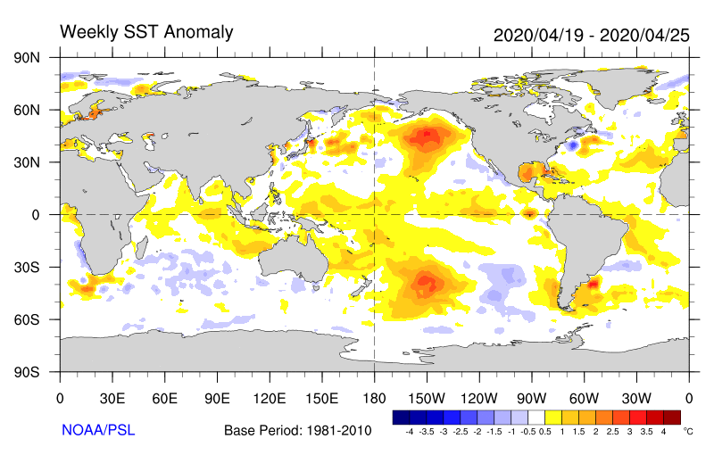 Figure 33. Weekly sea surface temperature anomalies (Source: NOAA) For an accessible explanation of this image contact the author seasonal.conditions@dpi.nsw.gov.au