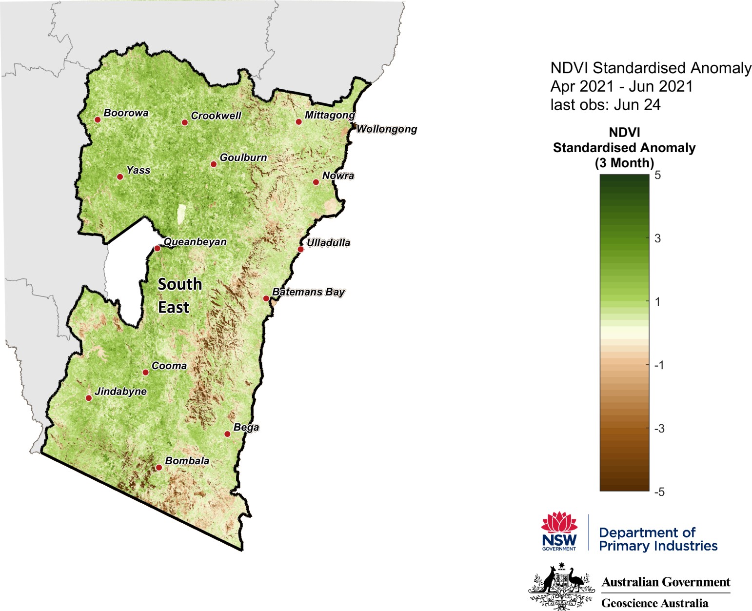 3-month NDVI anomaly map for the South East region