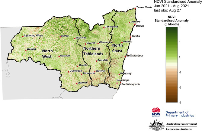 Figure 18. 3-month NDVI anomaly map for the North West, Northern Tableland and North Coast regions 3-month NDVI anomaly map for the North West, Northern Tableland and North Coast regions