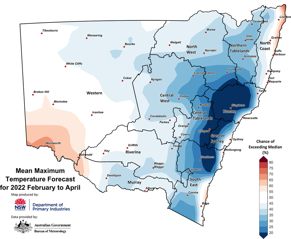 Figure 27. Seasonal average maximum temperature outlook for NSW issued on 3 February 2022