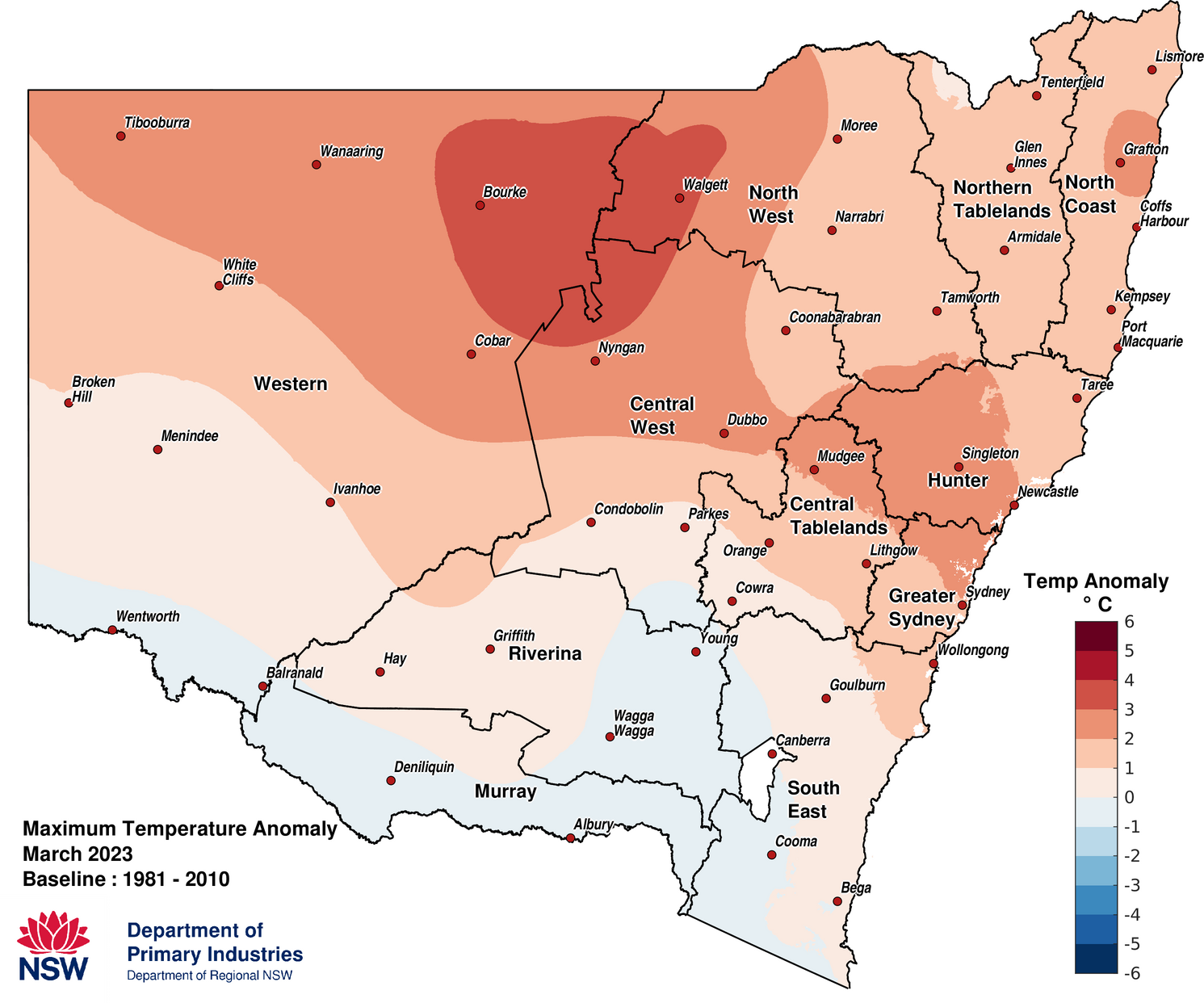 Figure 3a. Maximum temperature anomaly &ndash; March 2023