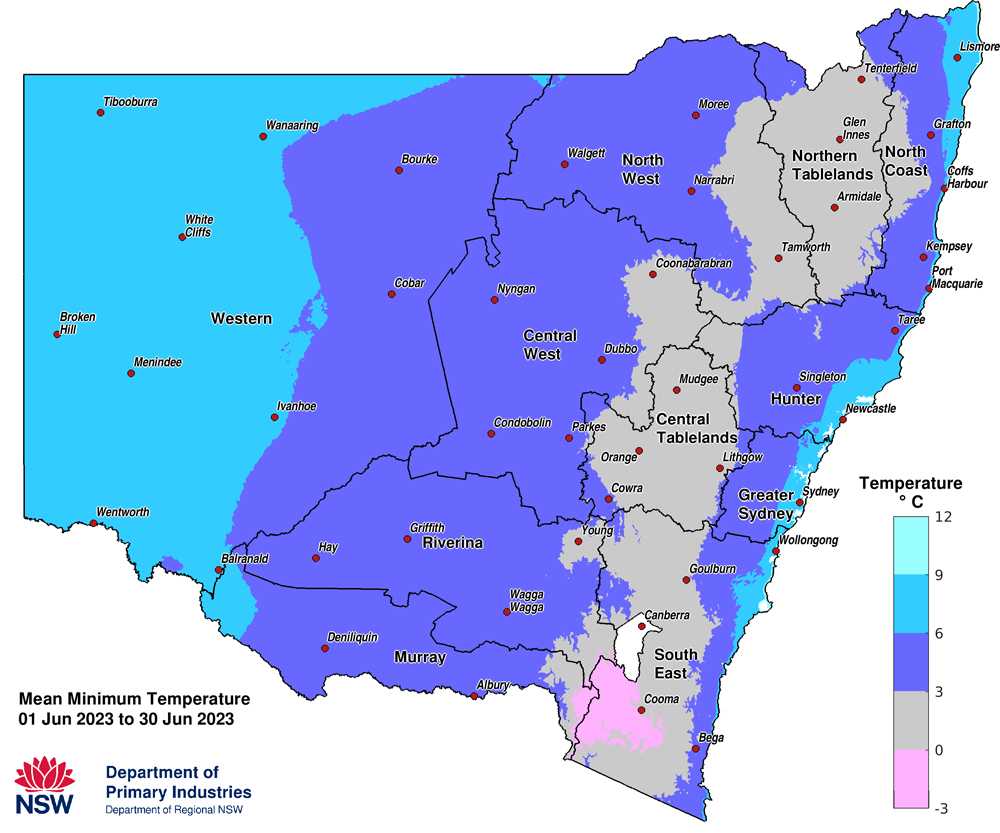 Figure 3d. Average minimum temperature &ndash; June 2023