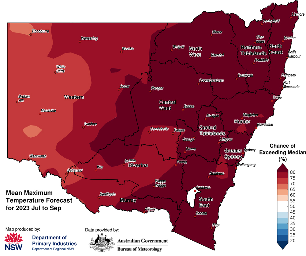 Figure 11. Seasonal average maximum temperature outlook for NSW issued on 29 June 2023