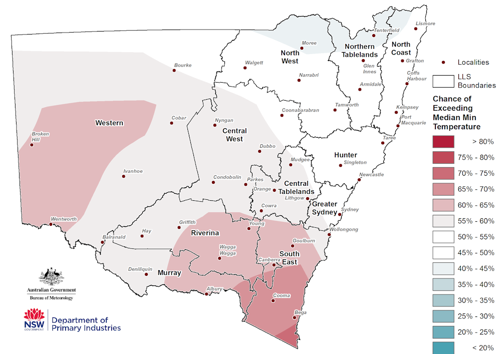Figure 23. Seasonal minimum temperature outlook for NSW issued on the 29 March 2018 For an accessible explanation of this map contact the author kim.broadfoot@dpi.nsw.gov.au