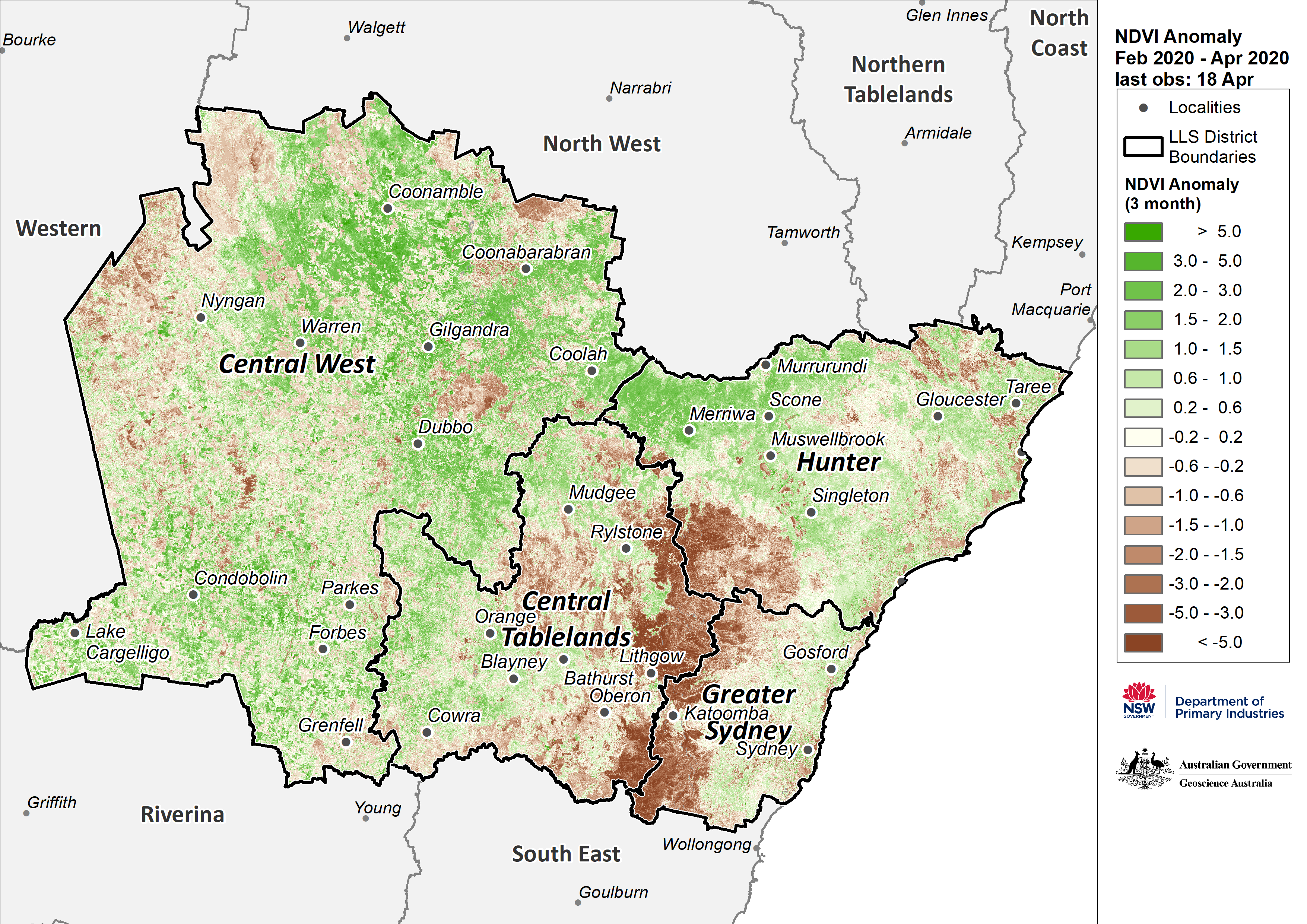Figure 24. Monthly NDVI anomaly map for the Central Tablelands, Central West, Hunter and Greater Sydney regions For an accessible explanation of this image contact the author seasonal.conditions@dpi.nsw.gov.au
