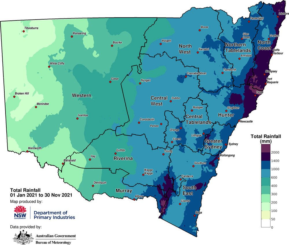 Figure 2c. Calendar year rainfall accumulation to 30 November 2021 Figure 2c. Calendar year rainfall accumulation to 30 November 2021
