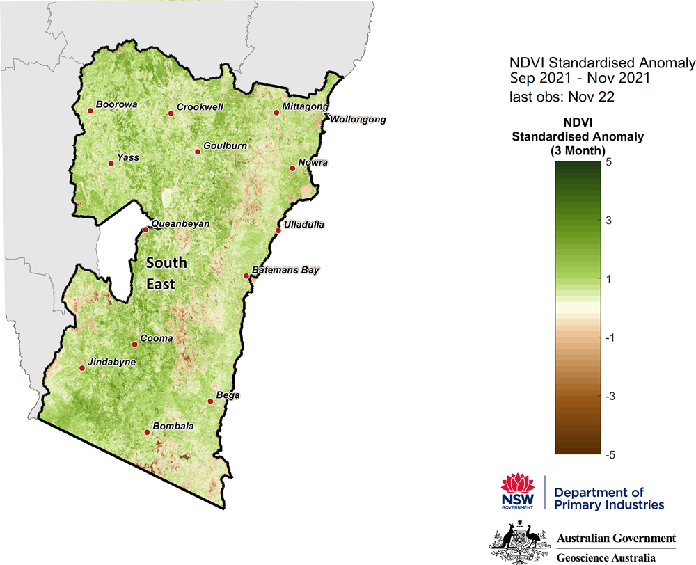 Figure 24. 3-month NDVI anomaly map for the South East region Figure 24. 3-month NDVI anomaly map for the South East region