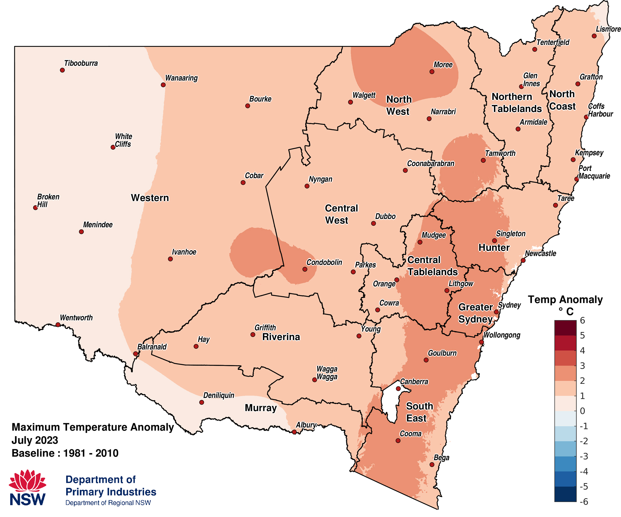Figure 3a. Maximum temperature anomaly &ndash; June 2023