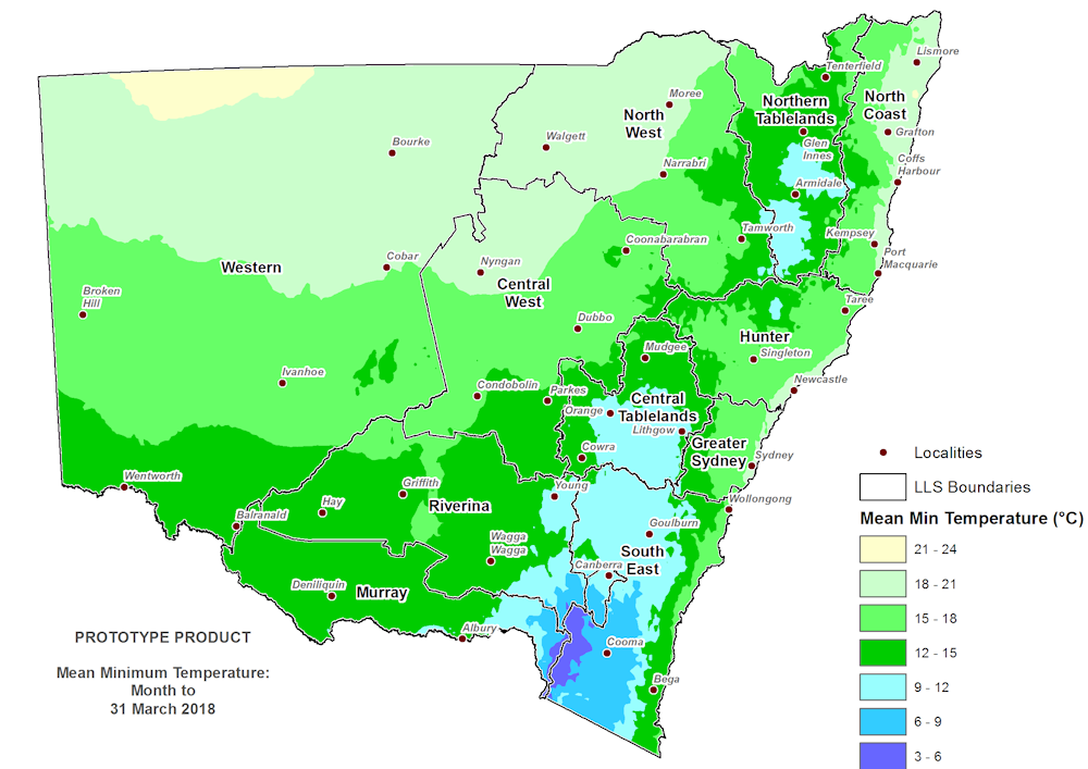 Figure 5. Average overnight temperature March 2018 For an accessible explanation of this map contact the author kim.broadfoot@dpi.nsw.gov.au