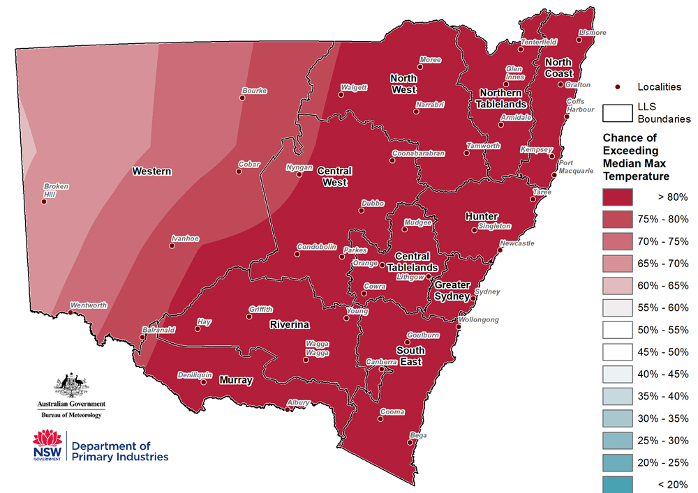 Figure 22. Seasonal maximum temperature outlook for NSW issued on the 28 June 2018 For an accessible explanation of this map contact the author kim.broadfoot@dpi.nsw.gov.au