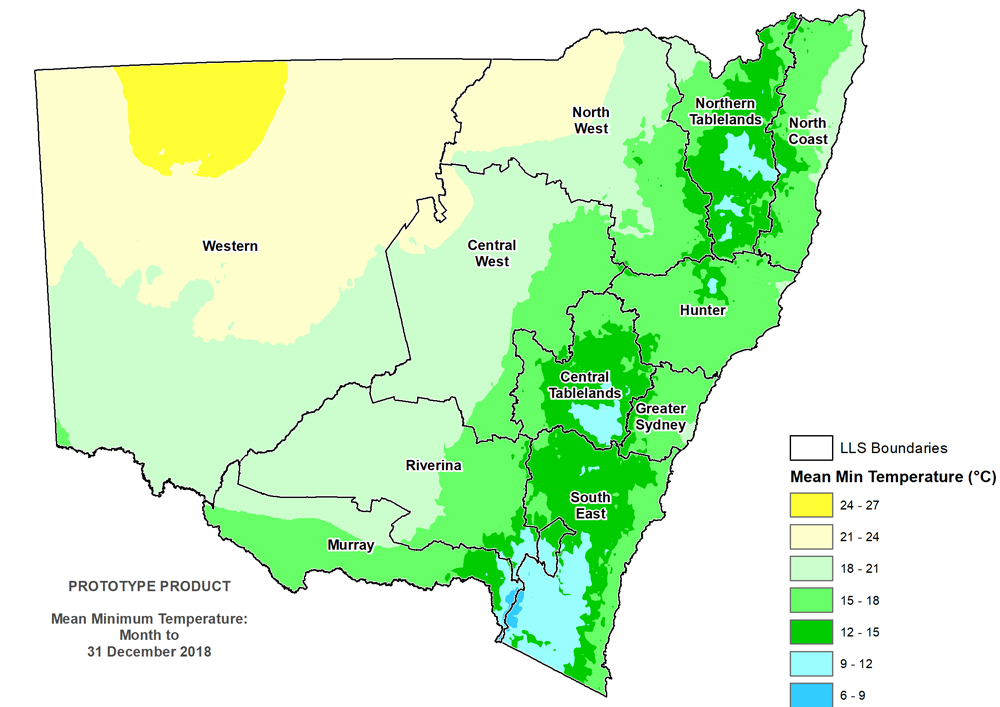 Figure 4. Average overnight temperature December 2018 For an accessible explanation of this map contact the author kim.broadfoot@dpi.nsw.gov.au
