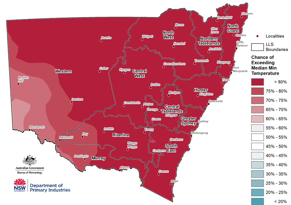 Figure 29. Seasonal minimum temperature outlook for NSW issued on 20 December 2018 For an accessible explanation of this map contact the author kim.broadfoot@dpi.nsw.gov.au