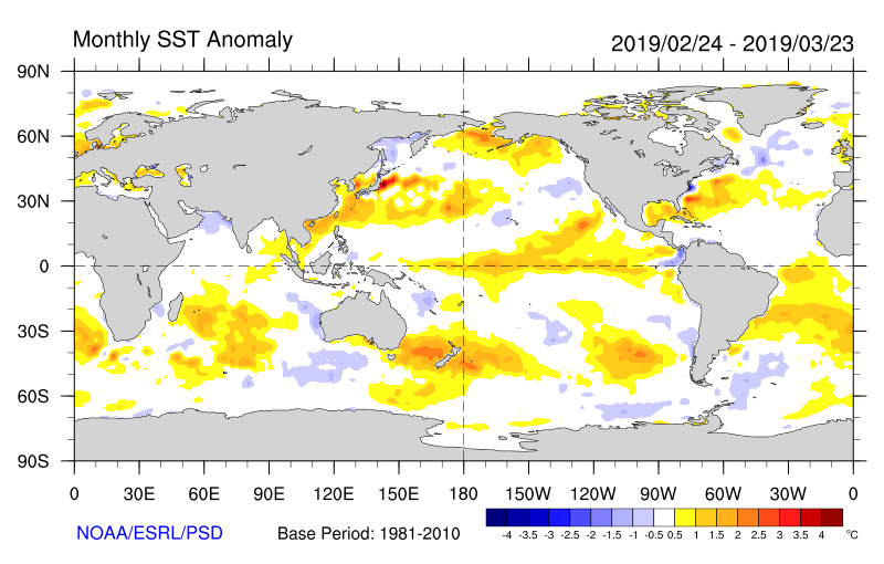 Monthly sea surface temperature anomalies (Source: NOAA) - For an accessible explanation of this image contact scott.wallace@dpi.nsw.gov.au