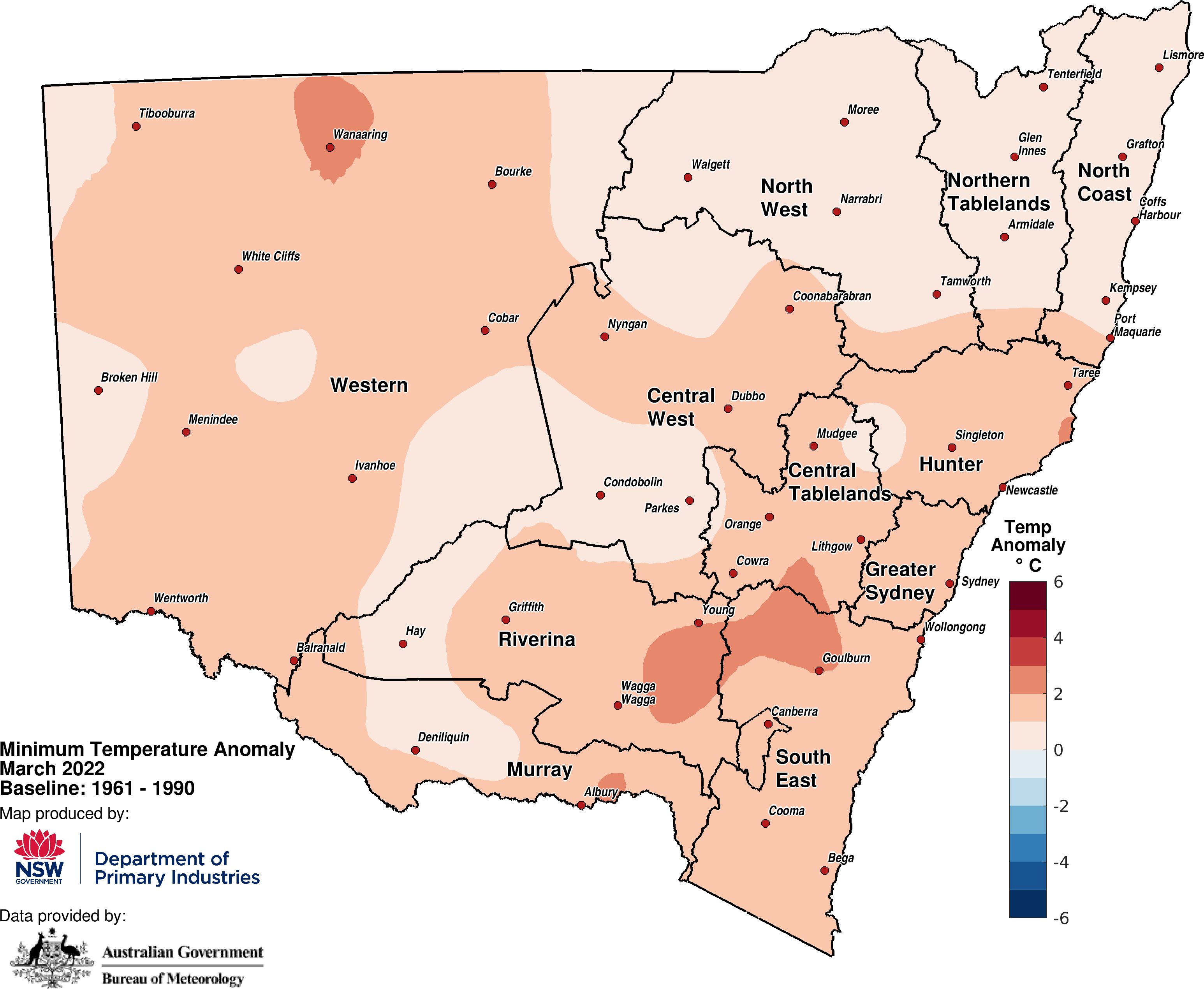 Figure 3c. Minimum temperature anomaly &ndash; March 2022