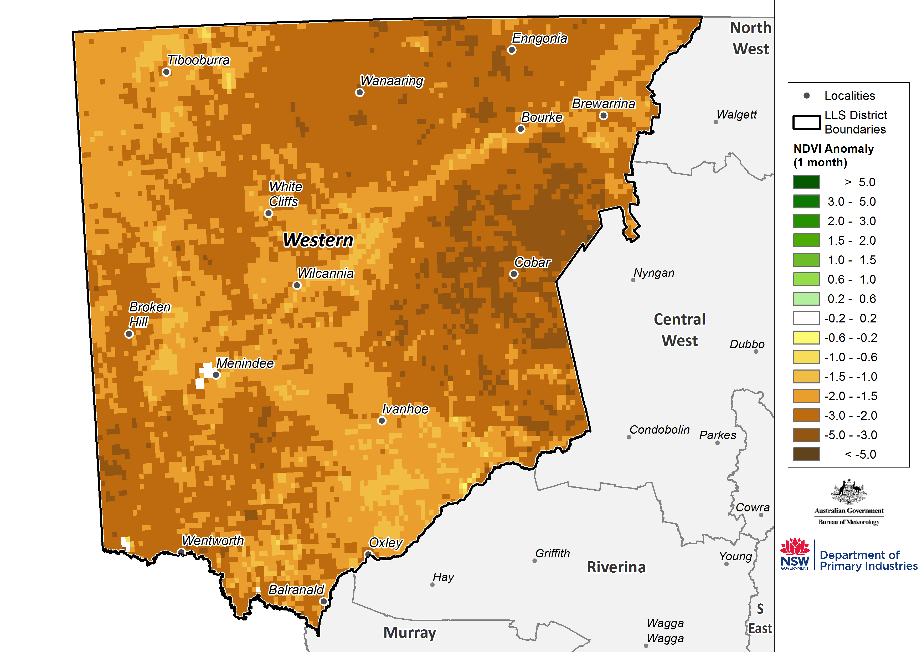 Monthly NDVI anomaly map for the Western Region - For an accessible explanation of this image contact scott.wallace@dpi.nsw.gov.au