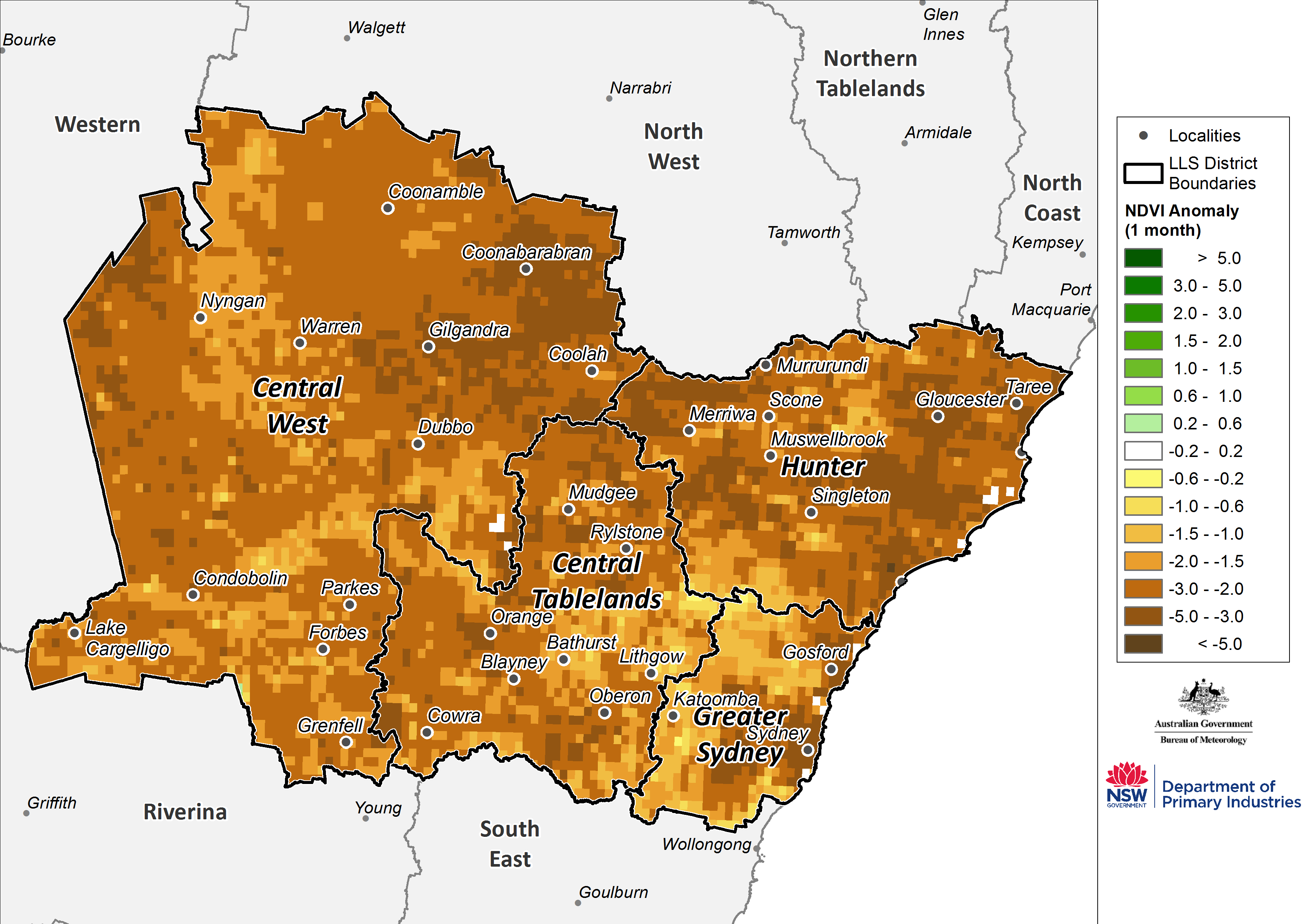 Monthly NDVI anomaly map for the Central Tablelands, Central West, Hunter and Greater Sydney regions - For an accessible explanation of this image contact scott.wallace@dpi.nsw.gov.au