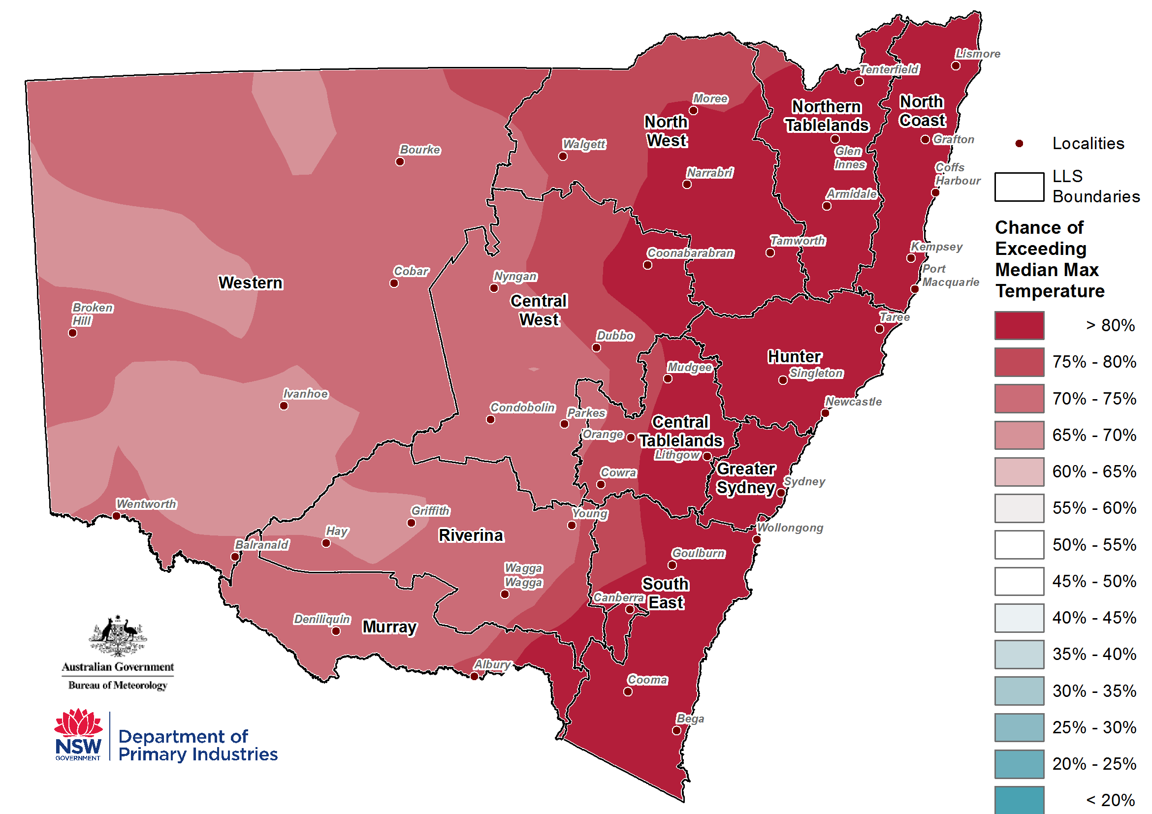 Seasonal maximum temperature outlook for NSW issued on 28 March 2019 - For an accessible explanation of this image contact scott.wallace@dpi.nsw.gov.au