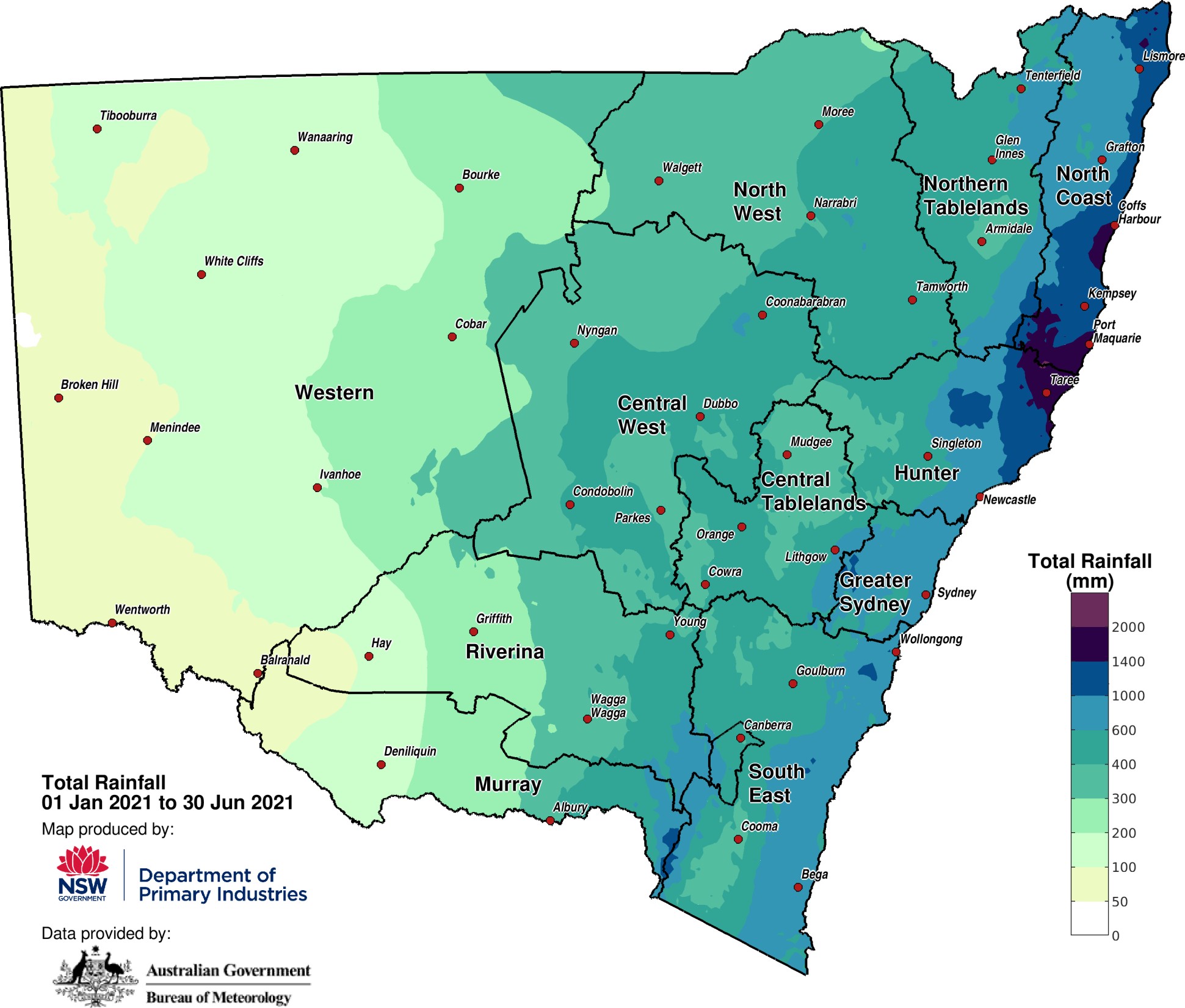 Calendar Year rainfall accumulation to 30 June 2021