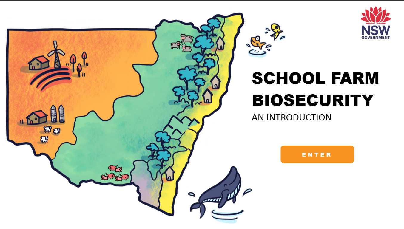 cover of the ealearning module showing state of NSW and the heading School Farm Biosecurity - an introduction