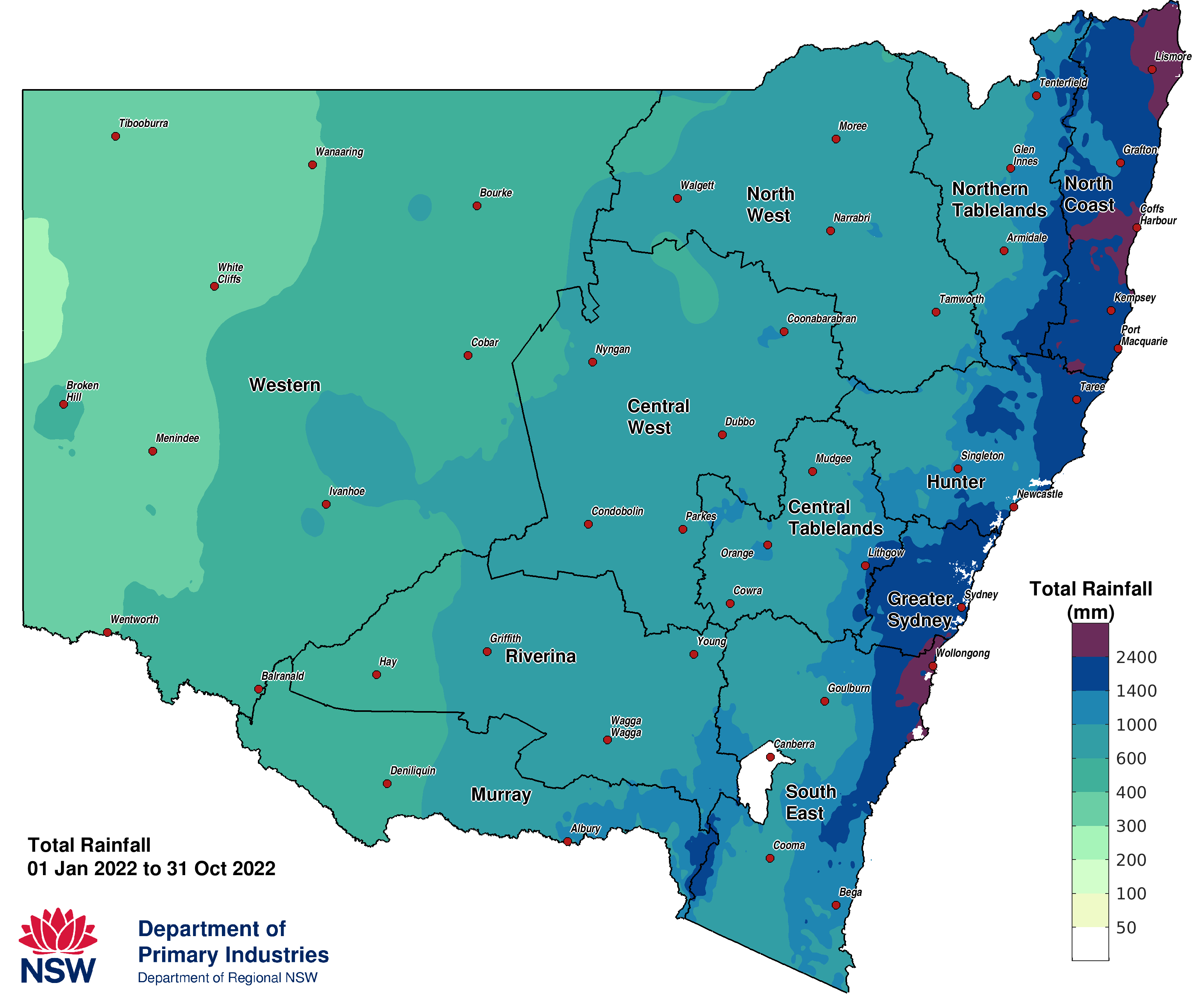 Calendar Year rainfall accumulation to 31 October 2022