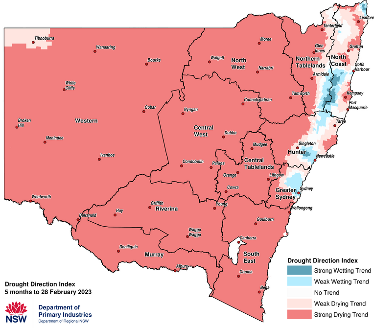 Figure 9. Drought Direction Index (DDI) to 28 February 2023