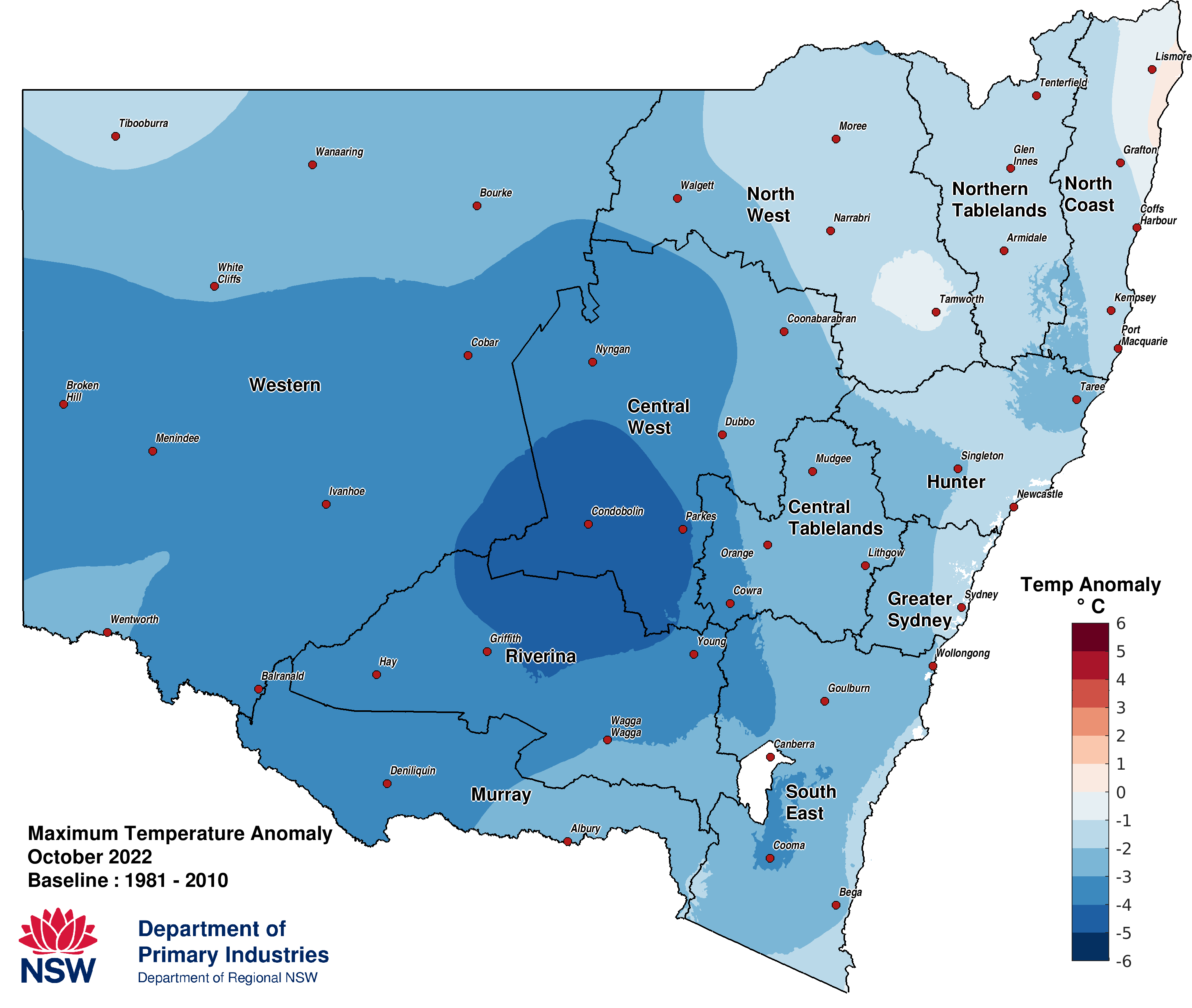 Figure 3a. Maximum temperature anomaly &ndash; October 2022