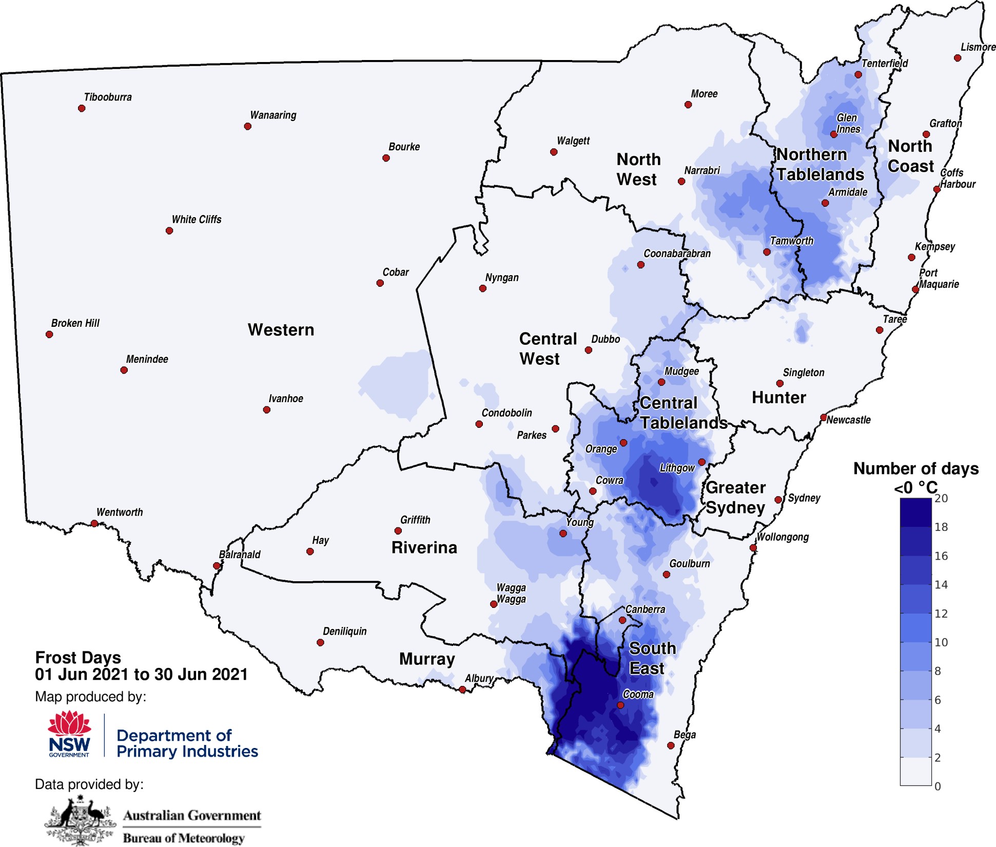 Frost days below 0&deg;C &ndash; June 2021