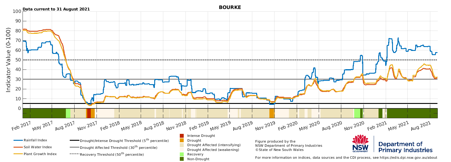 Drought indicators for select sites in the Western LLS: Bourke, Ivanhoe, and Wentworth.