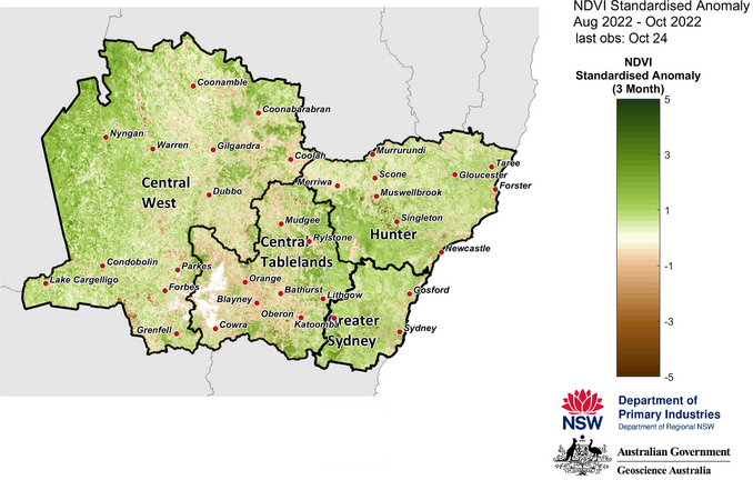 Figure 21. 3-month NDVI anomaly map for the Central Tablelands, Central West, Hunter and Greater Sydney regions 