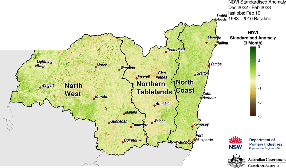 Figure 18. 3-month NDVI anomaly map for the North West, Northern Tableland and North Coast regions